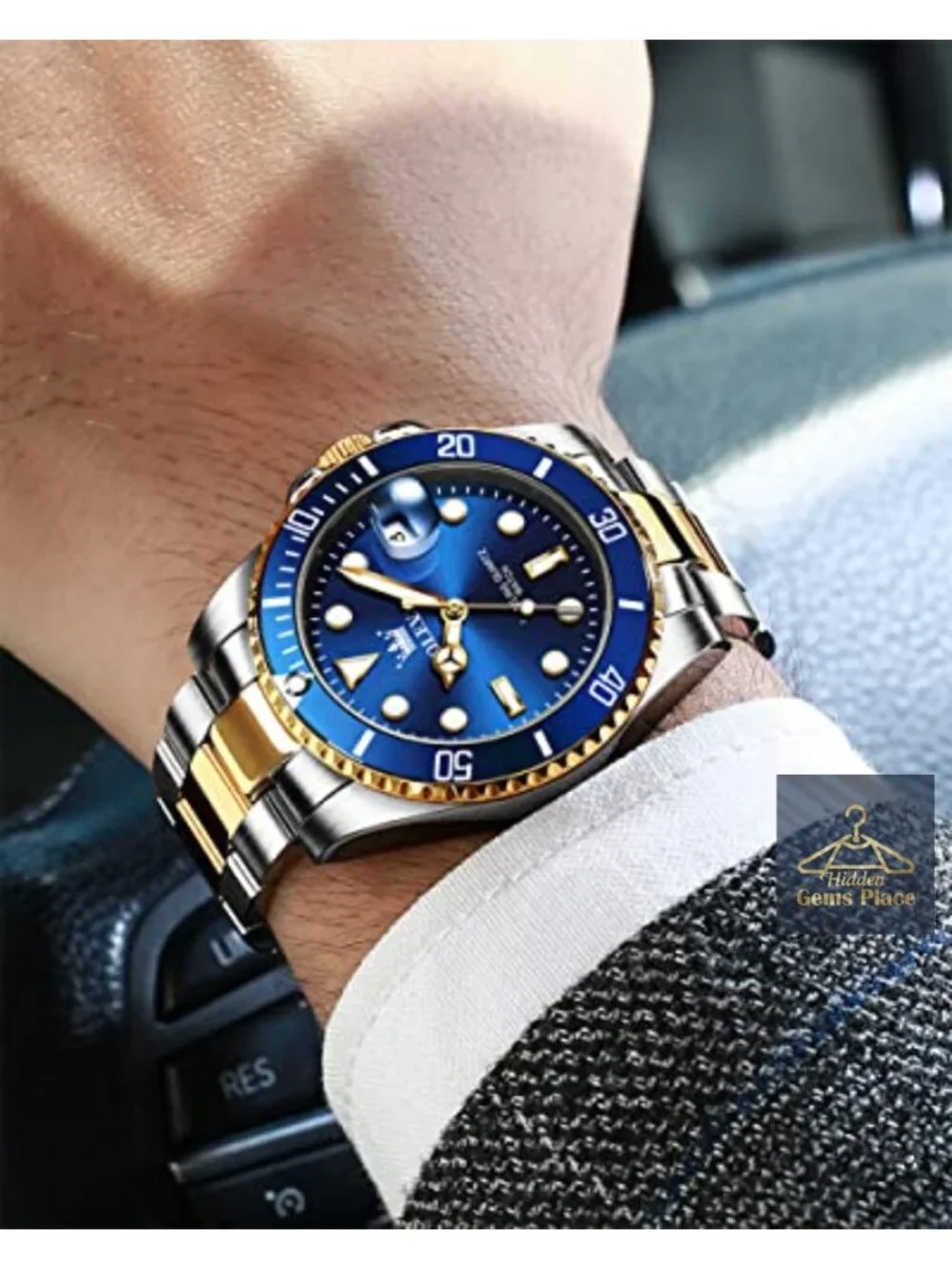 Men's Stainless Steel Analog Watch with Date, Rotatable Bezel